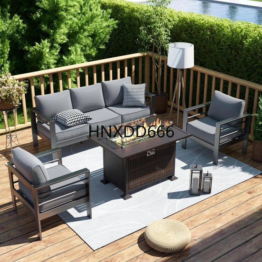 Outdoor Furniture Set With Fire Pit - Tuinmeubelset met vuurtafel, 6-delige aluminium buitenbankset,