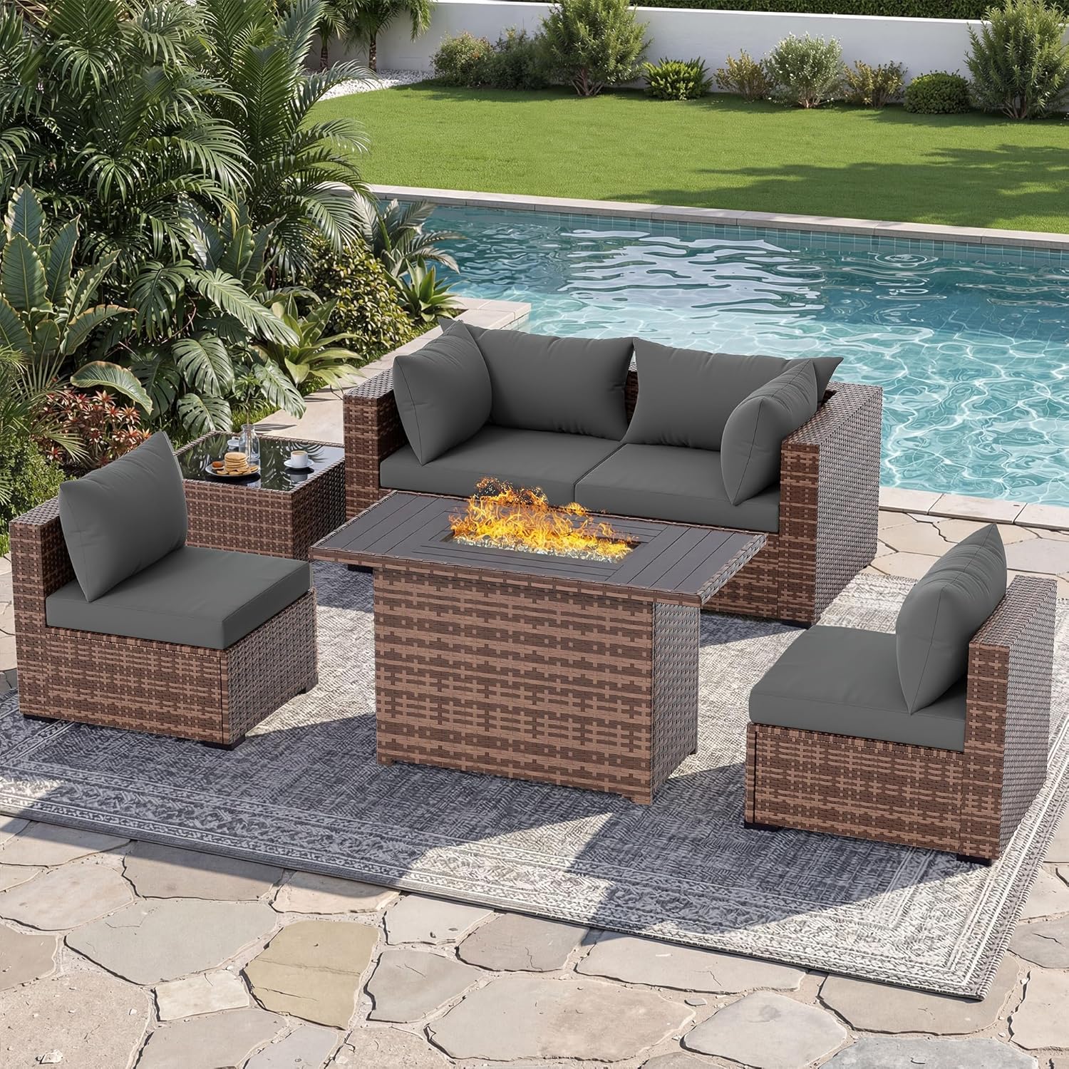 Outdoor Furniture Set With Fire Pit - 5-delige sectionele loungeset voor buiten met