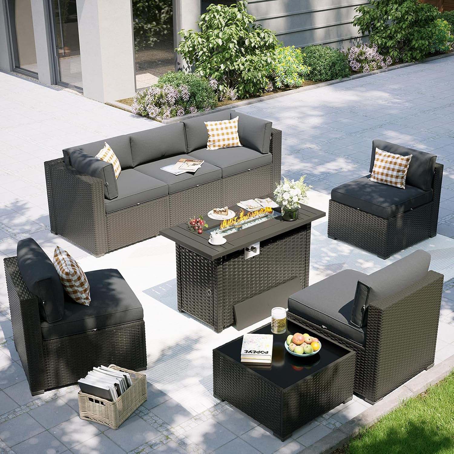 Outdoor Furniture Set With Fire Pit - Tuinset met vuurtafel, 8-delige buitenbank, wicker