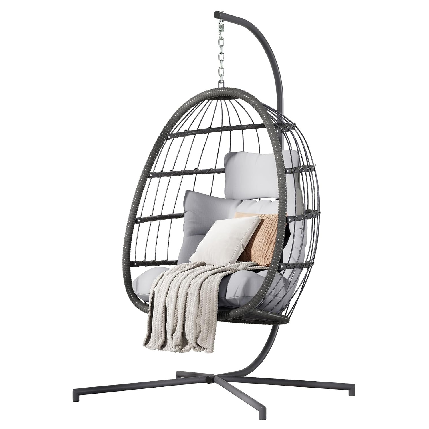 Hanging Egg Chair - Grijze Wicker Hangende Eierschommelstoel Met Stand