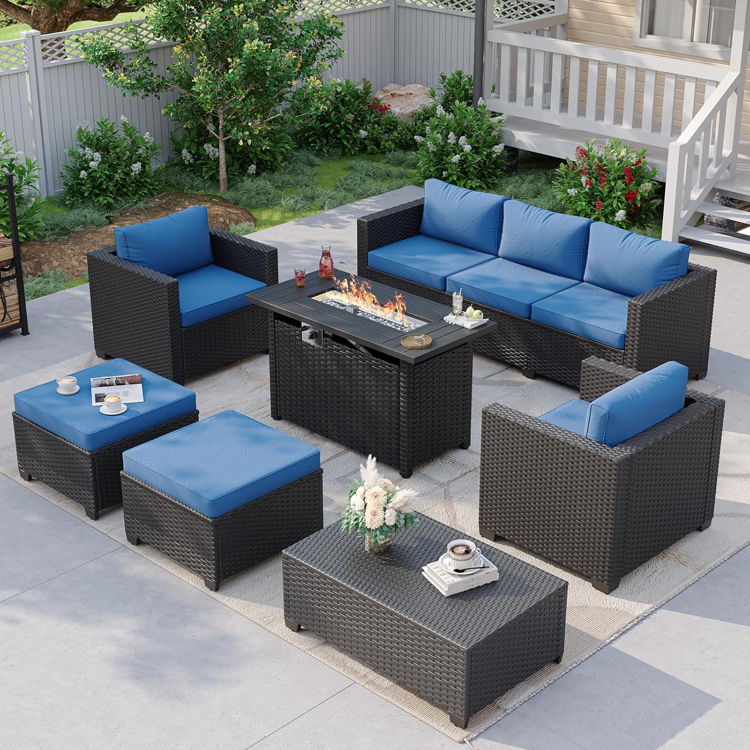 Outdoor Furniture Set With Fire Pit - Navyblauwe buitenbank met vuurtafel en opbergruimte,