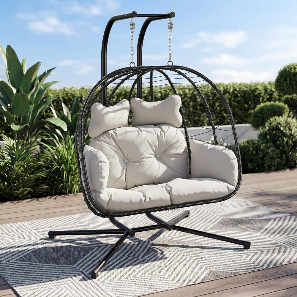 Hanging Egg Chair - Dubbele hangende eierschaalstoel met standaard, binnen-