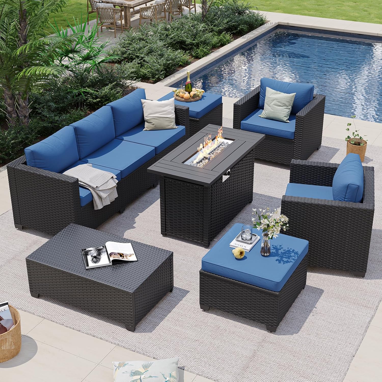 Navyblauwe buitenbank met vuur - Outdoor Furniture Set With Fire Pit recensie en prijs